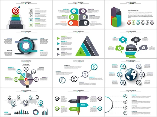 Vector infographics, diagram, grafiek, grafiek presentatie. Bedrijfsrapport met 3, 4, 5, 6 en 7 opties, onderdelen, stappen processen. Potlood, cirkels, target, kaart en tijdlijn. — Stockvector