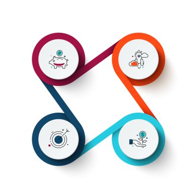 İş veri görselleştirme. Döngü diyagramı 4 adımlar, Seçenekler veya parçaları ile soyut unsurları. Vektör iş tanıtımı için şablon. Creative Infographic kavram. İşlem grafiği.