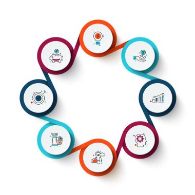 İş veri görselleştirme. Döngü diyagramı 8 adımlar, Seçenekler veya parçaları ile soyut unsurları. Vektör iş tanıtımı için şablon. Creative Infographic kavram. İşlem grafiği.