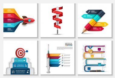 Vektör roket, merdiven ile hedef ve dart, termometre, kalem ve diğer öğeleri. Başlangıç, tıp ve eğitim Infographic 3, 4 ve 5 adımlar, seçenekleri, parçalar veya işlemlerin.