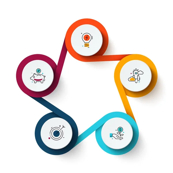 Visualizzazione dei dati aziendali. Elementi astratti del diagramma del ciclo con 5 passaggi, opzioni o parti. Modello di business vettoriale per la presentazione. Concetto creativo per infografica. Grafico di processo . — Vettoriale Stock