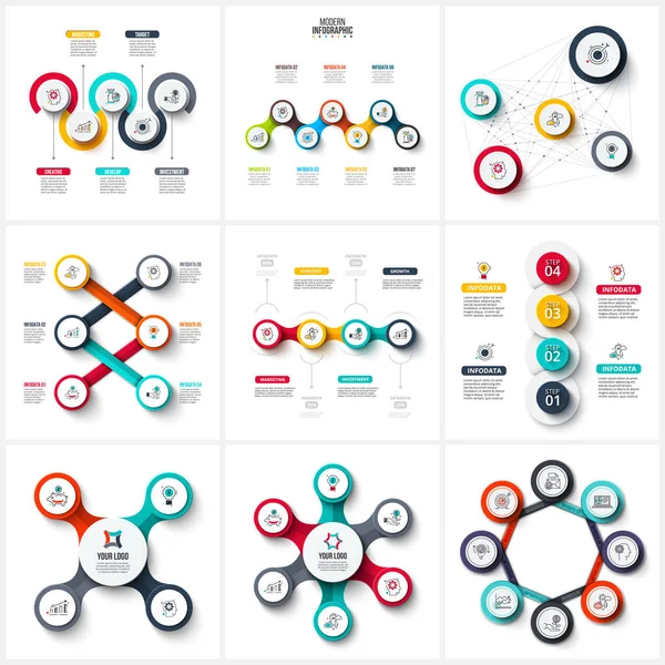 Plantilla de diseño de infografía vectorial. Concepto de negocio con 4, 5, 6, 7 y 8 opciones, partes, pasos o procesos. Se puede utilizar para el diseño del flujo de trabajo, diagrama, opciones de número, diseño web. Visualización de datos . — Archivo Imágenes Vectoriales