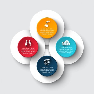Vektör daire Infographic. Döngü diyagramı, grafik, sunum ve yuvarlak grafik şablonu. 4 seçenekleri, parçalar, adımları veya işlemler ile iş kavramı. Veri görselleştirme.