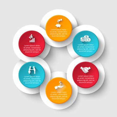 Vektör daire Infographic. Döngü diyagramı, grafik, sunum ve yuvarlak grafik şablonu. 6 seçenekleri, parçalar, adımları veya işlemler ile iş kavramı. Veri görselleştirme.
