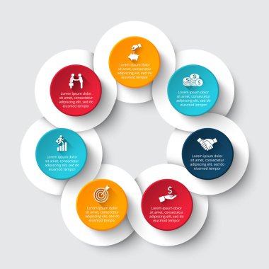 Vektör daire Infographic. Döngü diyagramı, grafik, sunum ve yuvarlak grafik şablonu. 7 seçenekleri, parçalar, adımları veya işlemleri ile iş kavramı. Veri görselleştirme.