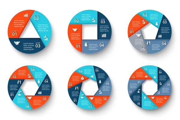 Templat desain infografis vektor. Konsep bisnis dengan 3, 4, 5, 6, 7 dan 8 pilihan, bagian, langkah atau proses. Dapat digunakan untuk layout alur kerja, diagram, pilihan jumlah, desain web . - Stok Vektor