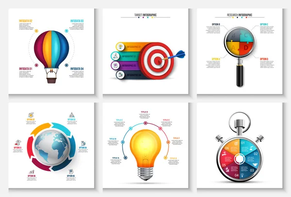 Inicialização de vetores, pesquisa, infográficos criativos, terrestres e temporais. Relatório de negócios com 4, 5, 6 e 7 opções, peças, etapas de processos. Balão, lâmpada, alvo, cronômetro e lupa . —  Vetores de Stock