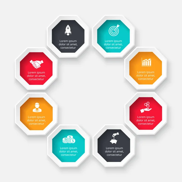 Octógono vetorial para infográfico. Modelo para diagrama de ciclo, gráfico, apresentação e gráfico. Conceito de negócio com 8 opções, peças, passos ou processos. Contexto abstrato . —  Vetores de Stock