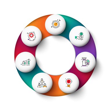 Infographic için vektör gradeinte daire öğeleri. Döngü diyagramı, grafik, sunum ve yuvarlak grafik şablonu. 7 seçenekleri, parçalar, adımları veya işlemleri ile iş kavramı. Arka plan.