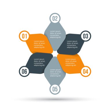 Vektör Infographic tasarım şablonu. 6 seçenekleri, parçalar, adımları veya işlemler ile iş kavramı. Kullanılabilir iş akışı düzeni, diyagram, numarası seçenekleri, web tasarım için. Veri görselleştirme.