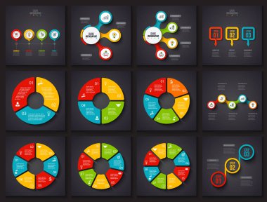 Vektör Infographic öğeleri koyu arka plan üzerinde. Grafikler, daire diyagram, zaman çizelgeleri ve oklarla 3, 4, 5, 6, 7 ve 8 adımlar ve seçenekleri.