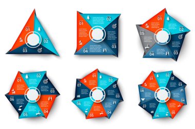 Vektör üçgen, kare, pentagon, altıgen, yedigen ve sekizgen Infographic. İş diyagramları 3, 4, 5, 6, 7 ve 8 adımlar veya seçenekleri ile. Geometrik soyut öğeler.