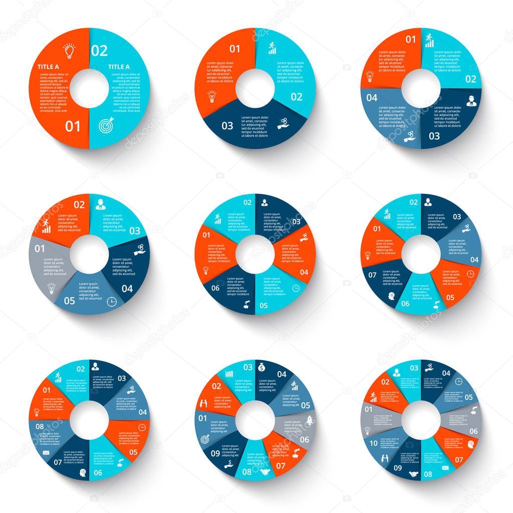 Vector circles infographics set. Business diagrams with 3, 4, 5, 6, 7, 8, 9 and 10 options, steps or parts.