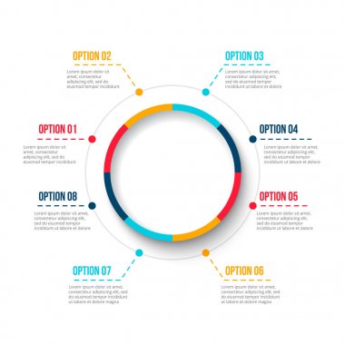 İş veri görselleştirme. Döngü diyagramı 8 adımlar, seçenekleri, parçalar veya işlemlerin soyut unsuru. Vektör iş tanıtımı için şablon. Creative Infographic kavram. İşlem grafiği.