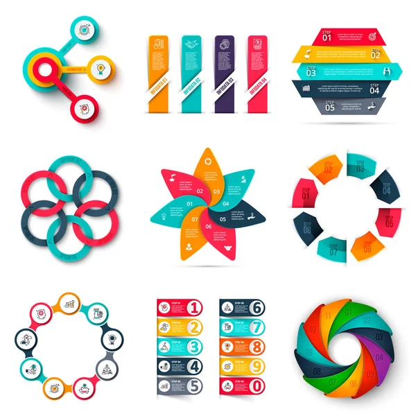 Vector infographics design template set. Business concept with 3, 4, 5, 6, 7, 8, 9 and 10 options, parts, steps or processes. Can be used for workflow layout, presentation, number options, web design. — Stock Vector