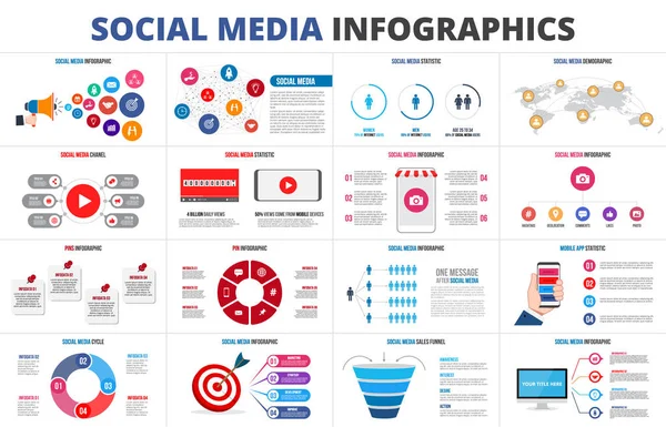 Funil de vendas de vetor, estatística, mapa, vídeo online chanel e pinos. Conjunto de infográficos de mídia social. Apresentação slides . —  Vetores de Stock