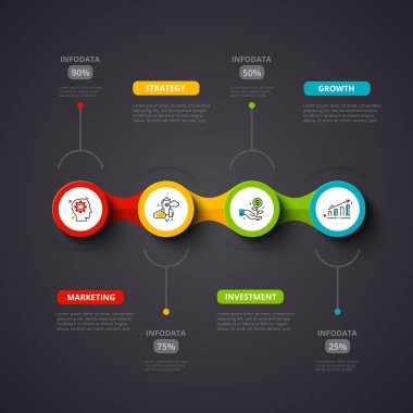 Karanlık vektör Infographic tasarım şablonu. 4 seçenekleri, parçalar, adımları veya işlemler ile iş kavramı. Kullanılabilir iş akışı düzeni, diyagram, numarası seçenekleri, web tasarım için. Veri görselleştirme.