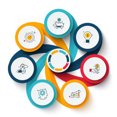 Infographic için vektör girdap öğeleri. Döngü diyagramı, grafik, sunum ve grafik şablonu. 7 seçenekleri, parçalar, adımları veya işlemleri ile iş kavramı. Arka plan.