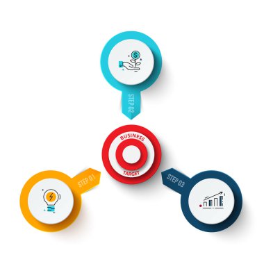 Oklarla vektör hedef. Döngü diyagramı, grafik, sunum ve grafik şablonu. İş Infographic konseptiyle 3 seçenekleri, parçalar, adımları veya işlemler. Veri görselleştirme.
