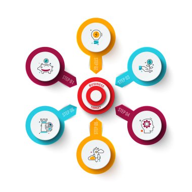 Oklarla vektör hedef. Döngü diyagramı, grafik, sunum ve grafik şablonu. İş Infographic kavramı ile 6 seçenekleri, parçalar, adımları veya işlemler. Veri görselleştirme.