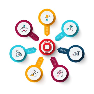 Oklarla vektör hedef. Döngü diyagramı, grafik, sunum ve grafik şablonu. İş Infographic kavramı ile 7 seçenekleri, parçalar, adımları veya işlemler. Veri görselleştirme.