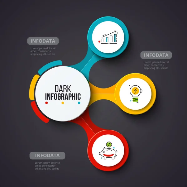 Vektor kruhy na tmavém pozadí. Slouží pro prezentaci, diagramy, výroční zpráva, webdesign. Obchodní koncept infografiku s 3 možnostmi, kroky a procesy. — Stockový vektor