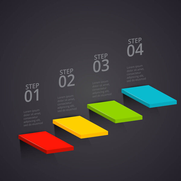 Vector stairs on a dark background. Can be used for presentation, diagrams, annual report, web design. Business infographic concept with 4 options, steps or processes.