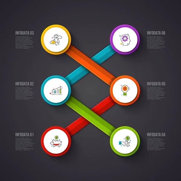 Concept créatif pour l'infographie sombre. Visualisation des données d'entreprise. Éléments abstraits du cercle du graphique, diagramme avec 6 étapes, options, pièces ou processus. Modèle d'entreprise vectoriel pour la présentation . — Image vectorielle