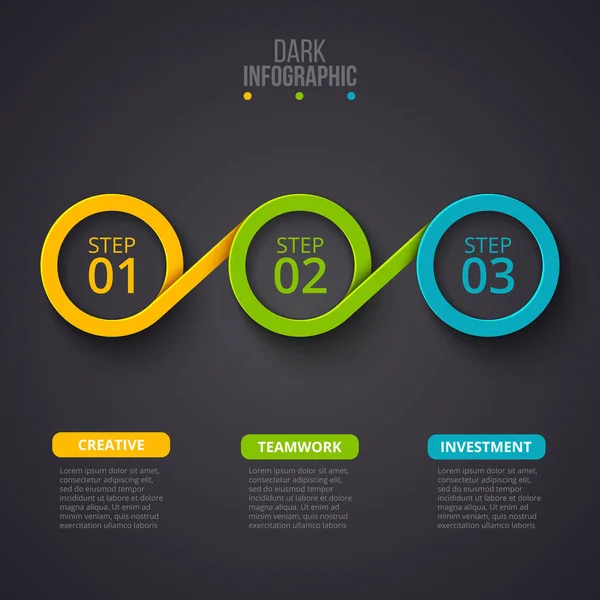 Modelo de design infográfico vetorial escuro. Conceito de negócio com 3 opções, peças, passos ou processos. Pode ser usado para layout de fluxo de trabalho, diagrama, opções de número, web design. Visualização dos dados . — Vetor de Stock