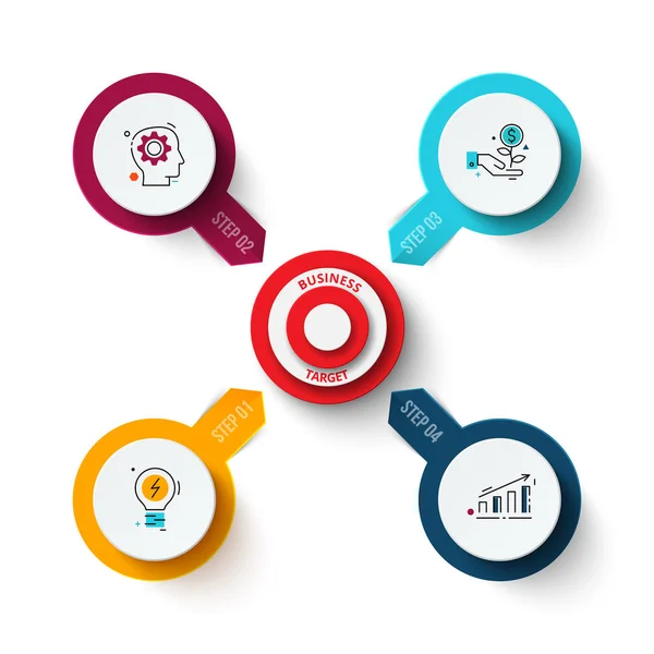 Objetivo vectorial con flechas. Plantilla para diagrama de ciclo, gráfico, presentación y gráfico. Concepto de infografía empresarial con 4 opciones, partes, pasos o procesos. Visualización de datos . — Archivo Imágenes Vectoriales