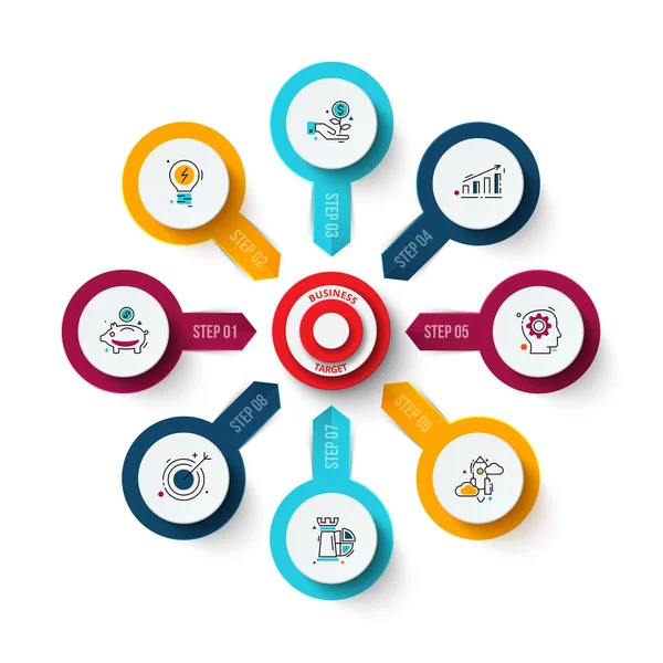 Objetivo vectorial con flechas. Plantilla para diagrama de ciclo, gráfico, presentación y gráfico. Concepto de infografía empresarial con 8 opciones, piezas, pasos o procesos. Visualización de datos . — Archivo Imágenes Vectoriales