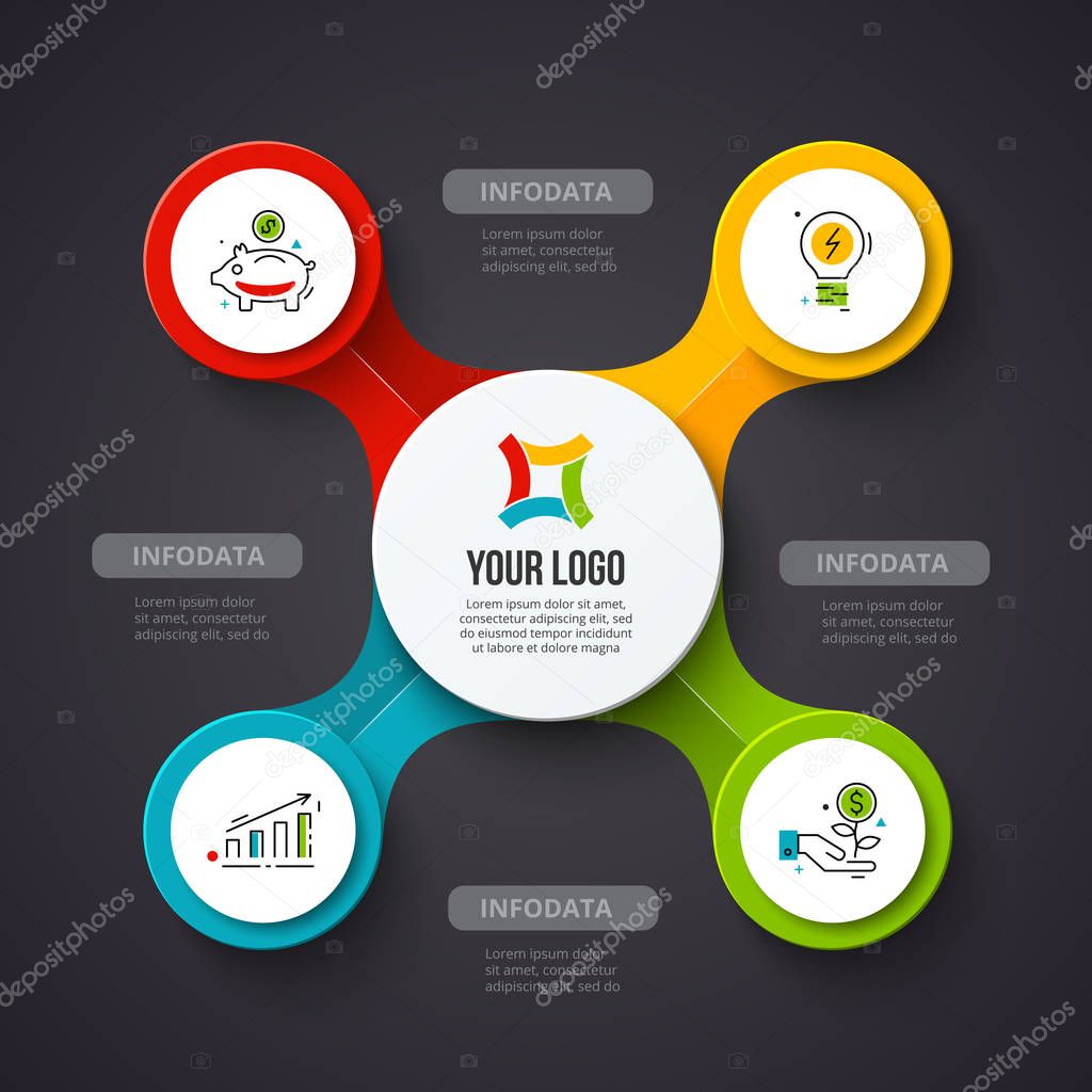 Creative concept for dark infographic. Business data visualization. Abstract circle elements of graph, diagram with 4 steps, options, parts or processes. Vector business template for presentation.