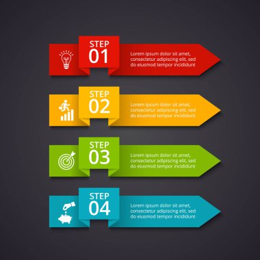 Vektör okları Infographic karanlık bir arka plan üzerinde. Kullanılabilir tanıtım, diyagramları, faaliyet raporu, web tasarım için. İş kavramı ile 4 seçenekleri, adımları veya işlemler.