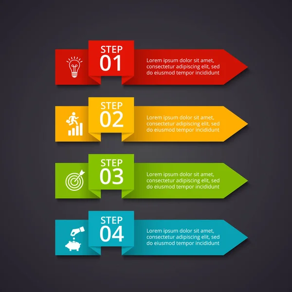 Wektora infographic strzałki na ciemnym tle. Może służyć do prezentacji, diagramy, raport roczny, projektowanie stron internetowych. Koncepcja biznesowa z 4 opcje, czynności lub procesów. — Wektor stockowy