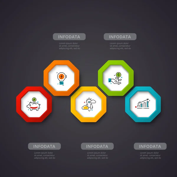 Hexagoanele vectoriale infografice pe un fundal întunecat. Poate fi folosit pentru prezentare, diagrame, raport anual, web design. Conceptul de afaceri cu 5 opțiuni, pași sau procese . — Vector de stoc