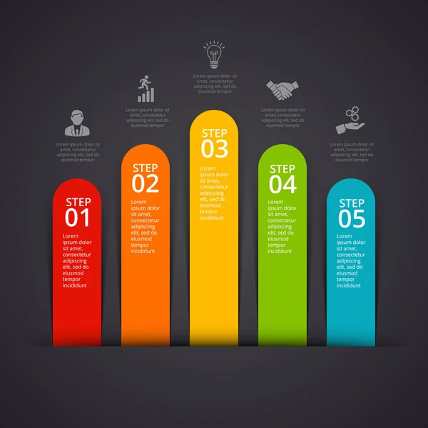 Infografía de gráficos vectoriales sobre fondo oscuro. Puede ser utilizado para la presentación, diagramas, informe anual, diseño web. Concepto de negocio con 5 opciones, pasos o procesos . — Vector de stock