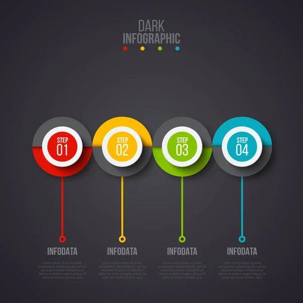 Vector cirklar infographic på en mörk bakgrund. Kan användas för presentation, webbdesign, diagram, årsrapport. Affärsidén med alternativ, steg eller processer. — Stock vektor