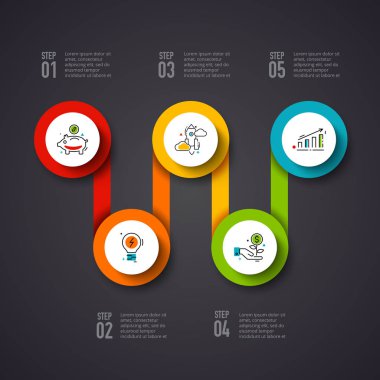 Vektör Infographic karanlık bir arka plan üzerinde daireler. Kullanılabilir tanıtım, diyagramları, faaliyet raporu, web tasarım için. İş kavramı 5 seçenekleri, adımları veya işlemleri ile.