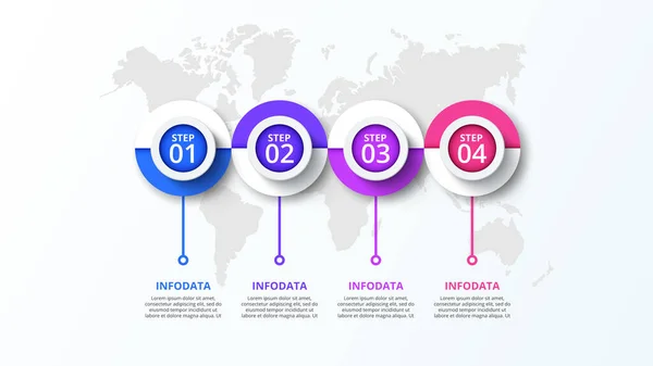 Vector circles infographic with world map. Business data visualization. Presentation with 4 steps, options, parts or processes — Stock Vector