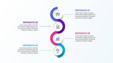 Dört daire elemanı ve zig zag ile dikey bilgi tasarımı şablonu. 4 adımlık iş stratejisi kavramı. Sunum için temiz vektör illüstrasyonu
