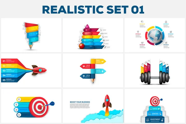 Gran conjunto de elementos de infografía. Cohete, pirámide, objetivo, mancuerna y otras plantillas. Se puede utilizar para pasos, procesos de negocio, flujo de trabajo, diagrama, concepto de diagrama de flujo y línea de tiempo — Vector de stock