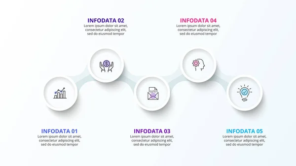 Modello di design infografico con cinque elementi circolari e zig zag. Concetto di 5 fasi della strategia aziendale. Illustrazione vettoriale pulita per la presentazione — Vettoriale Stock