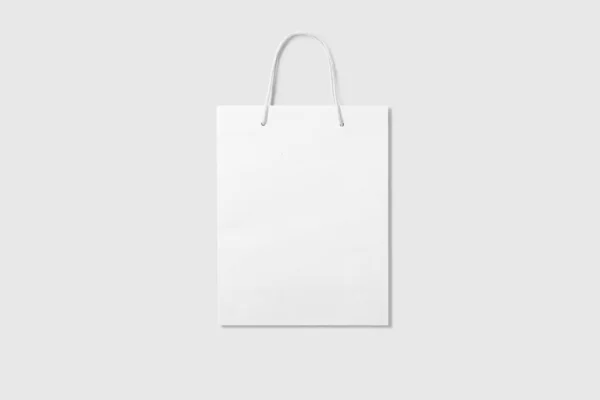 Mockup Blank White Paper Shopping Bag Handles Light Grey Background — Stock Photo, Image