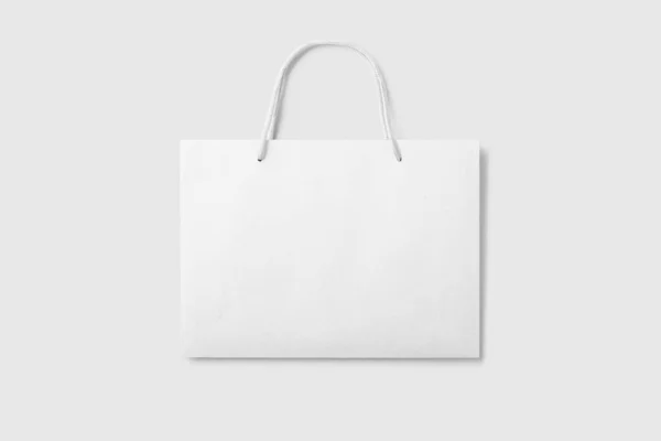 Mockup Blank White Paper Shopping Bag Handles Light Grey Background — Stock Photo, Image