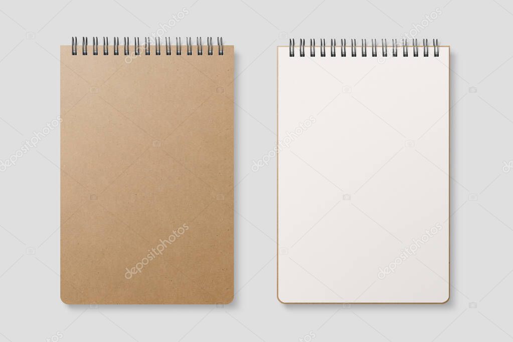 Blank realistic spiral bound notepad mockup with Kraft Paper cover on light grey background. High resolution. 