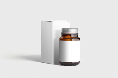 Açık gri arka planda Amber Şişesi ve Kutu Modeli. Tasarımınız için model şablonu hazır. 