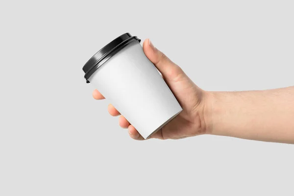 Mockup Male Hand Holding Coffee Paper Cup Isolated Light Grey — Stock Photo, Image