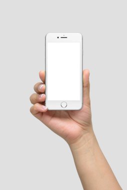 Açık gri arka planda izole edilmiş kadın el ele telefon modelidir (124; Uygulama & UI Model) 