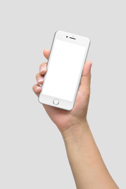 Açık gri arka planda izole edilmiş kadın el ele telefon modelidir (124; Uygulama & UI Model) 