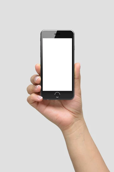 Mockup Female Hand Holding Phone Isolated Light Grey Background App — 스톡 사진